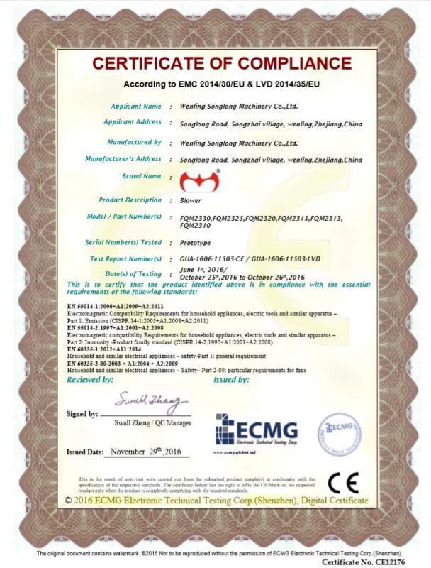 CERTIFICATE OF COMPLIANCE - Wenling City HongFu Machinery Co.,Ltd