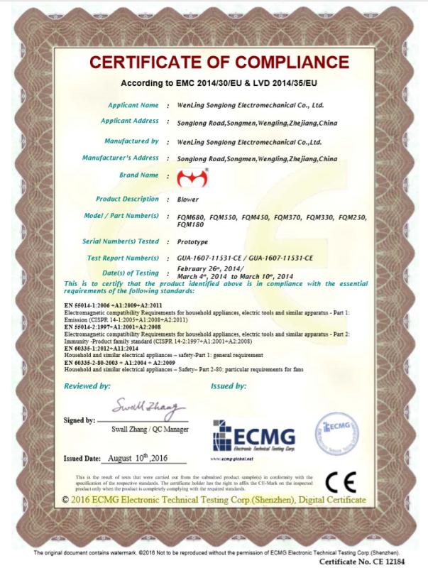 CERTIFICATE OF COMPLIANCE - Wenling City HongFu Machinery Co.,Ltd