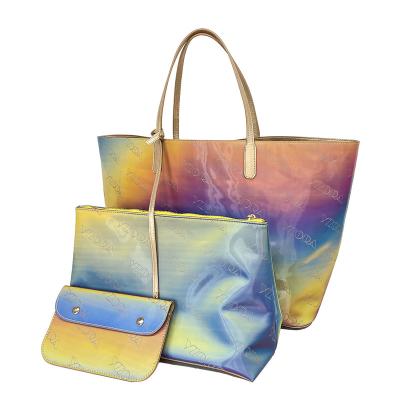 China Shine Color Laser YZORA Custom Logo Large Capacity Luxury High Quality TPU Shine Color Laser 3 Pieces Purses Grab Bag And Handbags For Women for sale