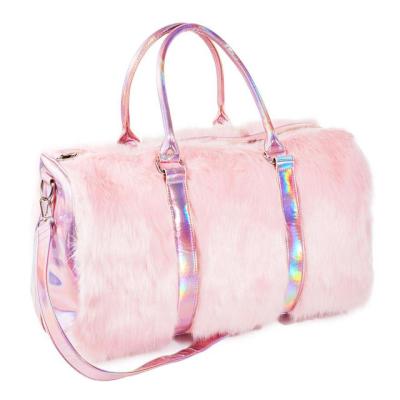 China High Quality Hot Sale High Quality Hot Pink Fur Yzora Laser Handbag Duffel Bag Women Luggage Fancy Bags for Travel and Overnight for sale