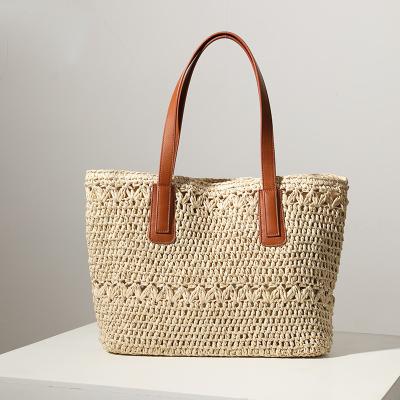 China Fashion Large Capacity Coffee And Colors Temperament Vacation One Shoulder Tote Bag Beige Straw Woven Beach Bag For Women for sale