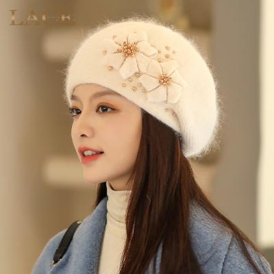 China Warm Female Cowl Femme Berets Knit Hats Winter COMMON Flower Earflap Beanies Rabbit Fur Hat Gorros For Women for sale