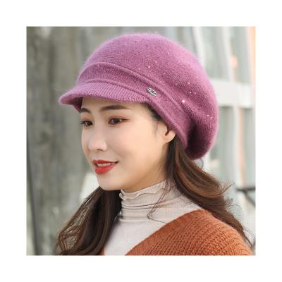 China Wholesale Character Sequin Decorated Hat Autumn And Winter Warm Rabbit Fur Beret High Quality Knitted Hat For Women for sale