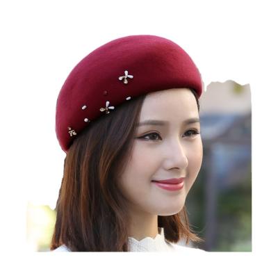 China Japanese new image autumn and winter fashion and hats elegant handmade beaded woolen red women's French berets for sale