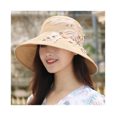 China Japanese Foldable Handmade Big Brim Custom Beaded Handmade Beaded Beach Outdoor Papyrus Travel Bucket Hat Sunscreen Sunscreen Image Papyrus Travel Bucket Hats For Women for sale