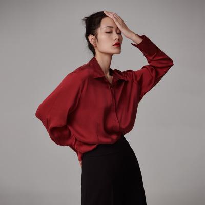 China Anti-wrinkle Women Fashion Long Sleeves Femme Turn-Down Collar Shirts Elegant Satin Silk Blouse for sale