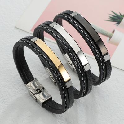 China DIY Personalized Couples Name Stainless Steel Bracelets Custom Logo Gold Plated Minimalist Chain Leather Bracelet for sale