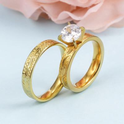 China 18K Gold Stainless Steel Printing Wedding Ring Diamond Engagement Wedding Ring Simple and Elegant Classic Style TRENDY Jewelry Set for sale