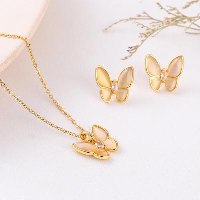 China CHENGYI FASHIONABLE Ladies Cubic Zirconia Jewelry Copper Opal Butterfly Pendant Necklace Earrings Set Sets for sale