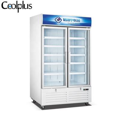 China 958L Single-Temperature Two Upright Glass Door Freezer Showcase For Ice Meat Seafood Beef for sale