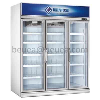 China Upright Single-Temperature 1500L Three Door Cooler Showcase For Drinks Beverage Milk Juice Bottle Yogurt for sale