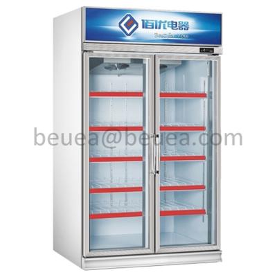 China Single-Temperature 1000L Two Door Upright Cooler Showcase For Drinks Beverage Milk Juice Bottle Yogurt for sale