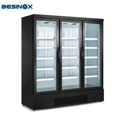 China Single-temperature 1500L Normal Glass 3-Door Upright Cooler Showcase For Bottle Beer Beverage Beverage Milk Yogurt Juice for sale