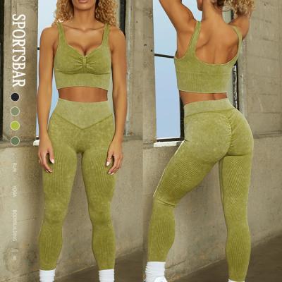 China 2022 Pre-sale Breathable New Logo Acid Wash Ribbed Women Custom Made 2 Piece Yoga Wear Sports Fitness for sale