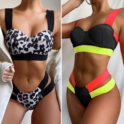 China 2022 new boutique breathable patchwork bandage girl bikini leopard women's swimwear tops for sale