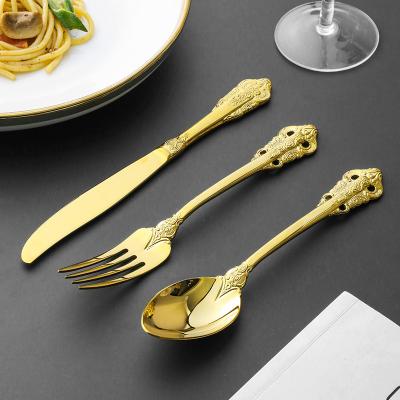 China Viable Vintage Stainless Steel Royal Wedding 4 Piece Flatware Knife Fork Spoon Flatware Gold Set Restaurant Hotel Dinnerware Royal Wedding for sale