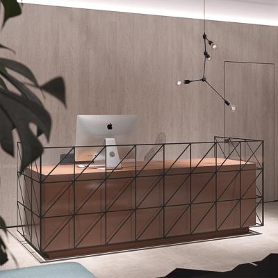 China Modern Design Iron Teak Extendable Frame Reception Counter Wooden Reception Desk for sale