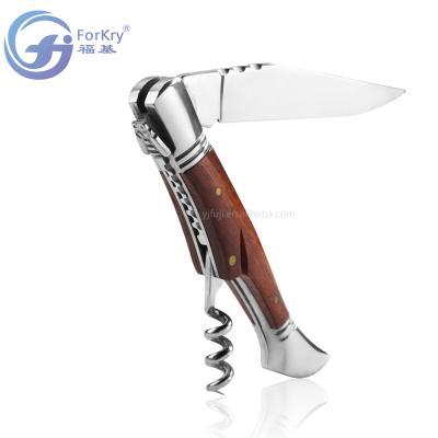 China High Quality Hot Selling Stocked FORKRY Stainless Steel Wine Opener Steak Knife Pocket Knife With Corkscrew Wood Handle for sale