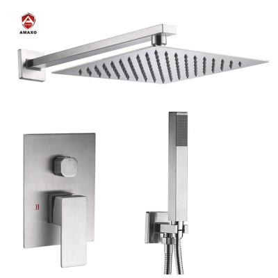 China No Slide Bar 304 Stainless Steel Brushed Nickel Or Black Hot And Cold Waterfall In Concealed Wall Mounted Bathroom Rain Shower Set for sale