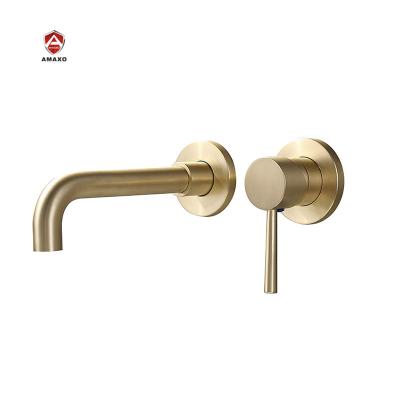 China Brass Metered Taps Brush Gold 2 Hole Wall Mount Basin Mixer Taps Faucet for sale