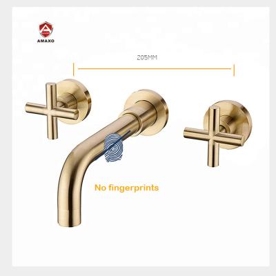 China Metered Faucets Bathroom 3 Hole Brush Oil Gold Wall Mount Basin Taps Faucets for sale