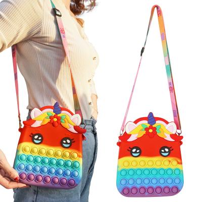 China Portable Adjustable Strap Rainbow Silicone Buster Push Noise Handbag Shoulder Bag For Kids for sale