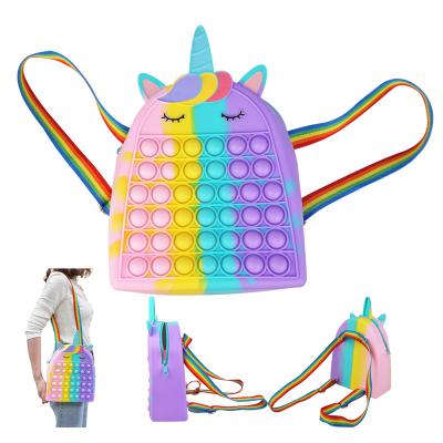 China Waterproof Push Noise Bubble Toy Bag Rainbow Unicorn Shoulder Bag School Backpack For Kids for sale