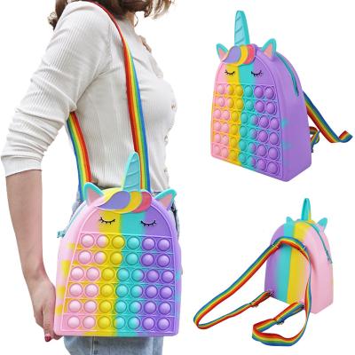 China School Bag Boys Girls Silicone Rainbow Unicorn Shape Push Pop Bubble Portable Backpack for sale