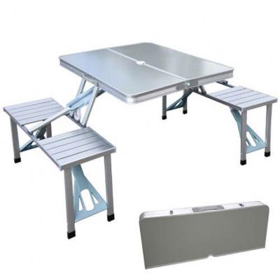 China Traditional outdoor portable suitcase aluminum folding table with chairs and umbrella hole for camping for sale