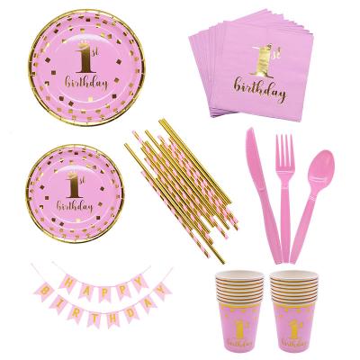 China Birthday Party Decoration Kids Baby Shower Blue Foil Rose Gold Foil Cup Towel Napkin Party Tableware Set 1st for sale