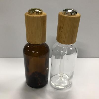 China Glass Dropper Bottles ,30ml Amber Essential Oil Bottle With Wooden Collar Skin Care Bottle OEM for sale