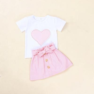 China Compressed/Breathable/Eco-Friendly/Anti-Shrink Baby Summer Clothing Kids Girls Dress Heart Print Shirt Top Skirt Set Outfit Baby Dress Set for sale