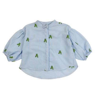 China Anti-wrinkle boutique wholesale kids cotton girls organic woven top babies long sleeve soft soft bow embroidery baby striped top for sale