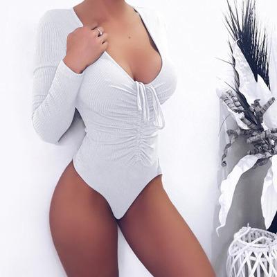 China Adult V Neck Breathable Tight Onesie Pajamas Women Onesie Pajamas Front Lace Up Drawstring Plus Size Breathable Deep Onesie Pajamas for sale