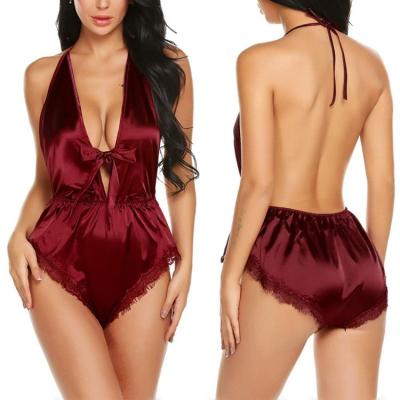 China Adult Deep V-Neck Lingerie Jumpsuits Front Strappy Satin Aborts Rompers Ruffle Women's Lace Onesie Onesie Backless Pajamas QUICK DRY for sale