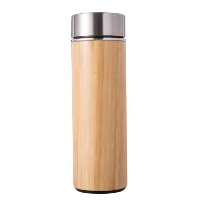 China Business Thermal Logo Double Wall Vacuum Bamboo Drink Bottle Insulated Stainless Steel Bamboo Mug Water Tumbler With Tea Infuser for sale