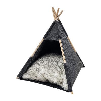 China Washable Travel Dog Bed With Thick Long Fur Cushion Felt Wooden Teepee Luxury Tent Pet Indoor Outdoor for sale