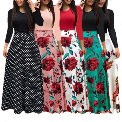 China Breathable Women Summer Plus Size Maxi Dress Floral Polka Dot Patchwork Bodycon Bohemian Empire Waist Long Sleeve Dress for sale