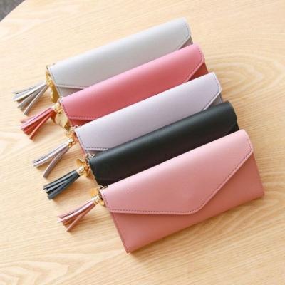 China Waterproof K18 Long Women's Wallet Female Clips Tassel Coin Purse Card Holder PU Leather Female Leather Wallet for sale