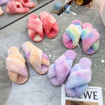 China Lightweight Colorful Winter Autumn Fashion Colors Cross Open Toe Cotton Fur Slippers Women's Faux Fur Sleeper Slippers K1184 for sale