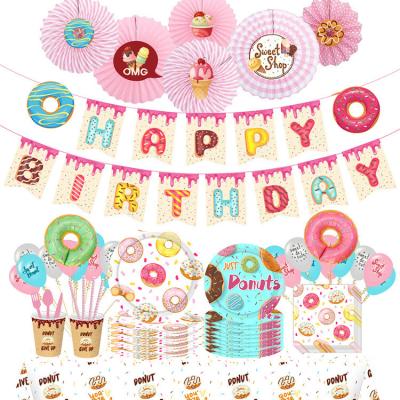 China Festival Decoration Happy Birthday Donut Party Paper Cup Napkins Dish Tableware Set Disposable Donut Theme Birthday Decorations Party Supplies for sale