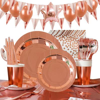 China Wonderful Birthday Gift Rose Gold Disposable Tableware Set Plates Banner Tablecover Rash Hat Birthday Party Supplies Decorations for sale