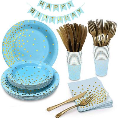 China Wonderful Birthday Gift Birthday Party Supplies Hot Stamping Blue Dots Hat Birthday Party Supplies Decorations Disposable Paper Plate Kit for sale