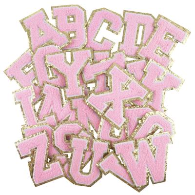 China Custom Washable Pink Chenille Letter Patch Iron On Colorful Chenille Alphabet Patches For Hoodies for sale