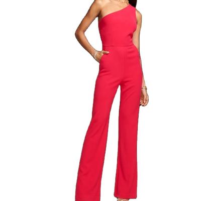 China High Waist Off The Shoulder Red Long Overalls Womens Summer Anti-Static Elegant Casual Sleeveless Formal Overalls One Long Wide Leg Romper for sale