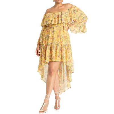 China Plus Size Floral Printing Chiffon Ruffled High-Low Women's Dresses Washable Summer Beach Dress Off-the-Shoulder Chiffon Dress Women for sale