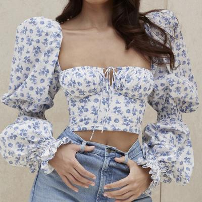 China Wholesale Women's Blouse Anti-pilling Puff Sleeve Tops Summer Apparel Bandage Ruched Women's Long Sleeve Blouse Crop Top Sexy Floral Blouse for sale