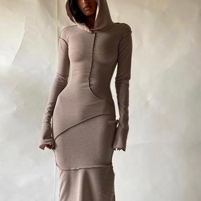 China Anti-wrinkle Fashion Women Hoodie Solid Hooded Elegant Maxi Dress Long Sleeves Patchwork Bodycon Winter Long Dress for sale