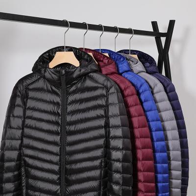 China Winter Warm Black Duck Feather Custom Logo Hooded Bubble Blast Anti-wrinkle Nylon Light Filled Down Stripper Jackets For Men for sale