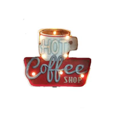 China Europe Embossed Coffee Sign Vintage Coffee Bar Signs For Kitchen LED Funny Cute Neon Metal Coffee Mug Sign Cafe Decor Wall Decor for sale